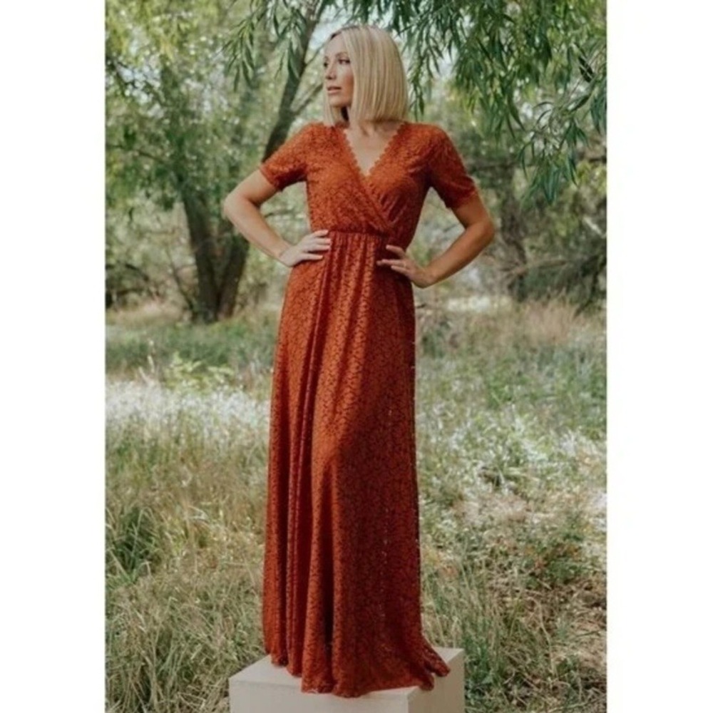 Baltic Born Venice Lace Dress Brown Maxi V-Neck Size Large NWT